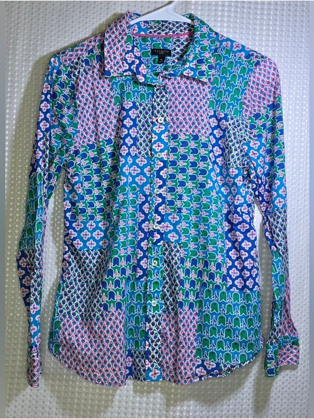 Talbots Petites Patchwork Print Button Front Blouse Blue Pink Green MP - Picture 12 of 16